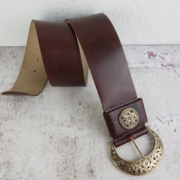 Vintage The RITZ Wide Leather Belt Brown Engraved Buckle Boho Western Whimsigoth - Picture 8 of 8
